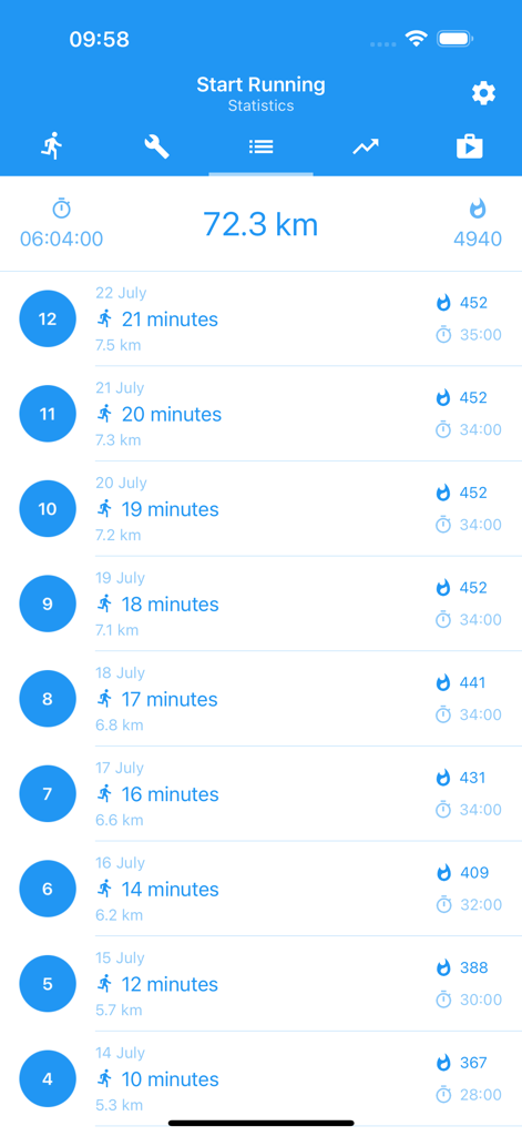 Start Running For Beginners - Start Running app statistics screen showing a list of historical running sessions with duration distance and calories burned