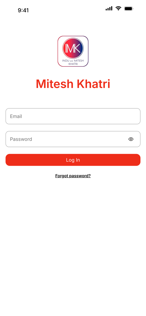Mitesh Khatri - Login interface of the Mitesh Khatri personal and professional growth app showing email and password input fields.
