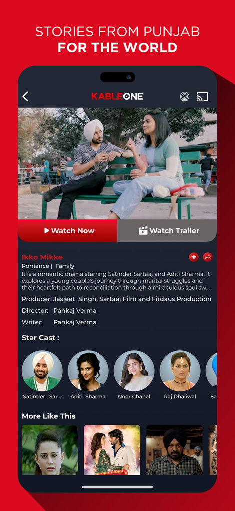 KableOne - Home of Punjabi OTT - KableOne app interface showing Punjabi movie details for Ikko Mikke with cast and synopsis
