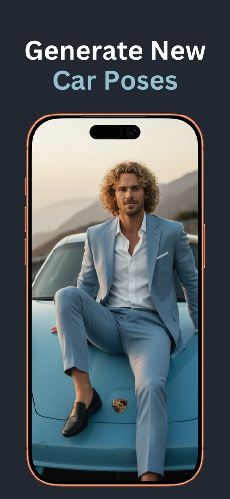 AI Car Modification - CarModo - A man in a blue suit posing on a luxury car hood using AI generation
