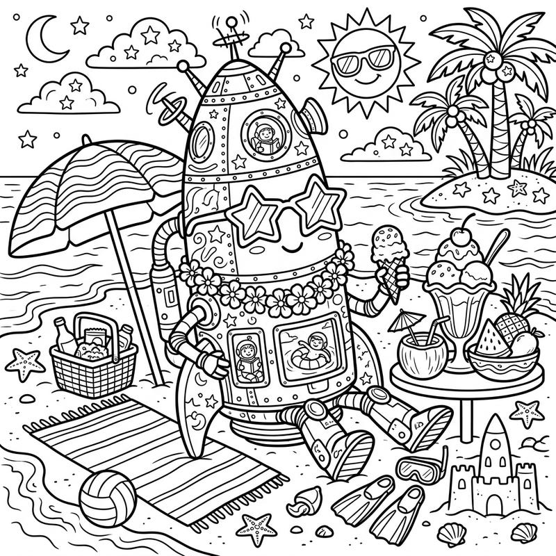 Prepare for an out-of-this-world summer adventure with this delightful deep space craft coloring page. Imagine a cosmic explorer enjoying a relaxing beach day, complete with all the vacation essentials.