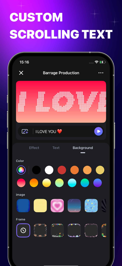 Custom scrolling text editor with background and color options in LED Banner app