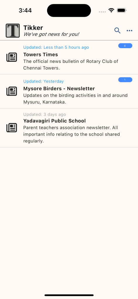 Tikker News - Interface do aplicativo Tikker News mostrando uma lista de newsletters assinadas, incluindo boletins locais e canais de hobby.