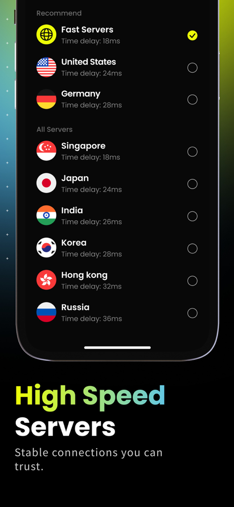 VPN - Fast VPN Lite master - Interface showing a list of global VPN servers with real-time ping latency measurements in milliseconds.