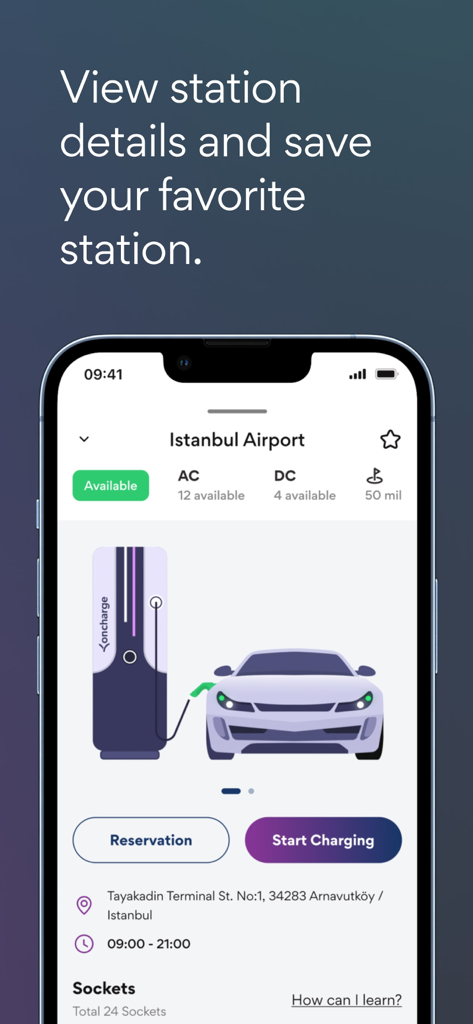 Oncharge mobile app interface showing EV charging station details and reservation options