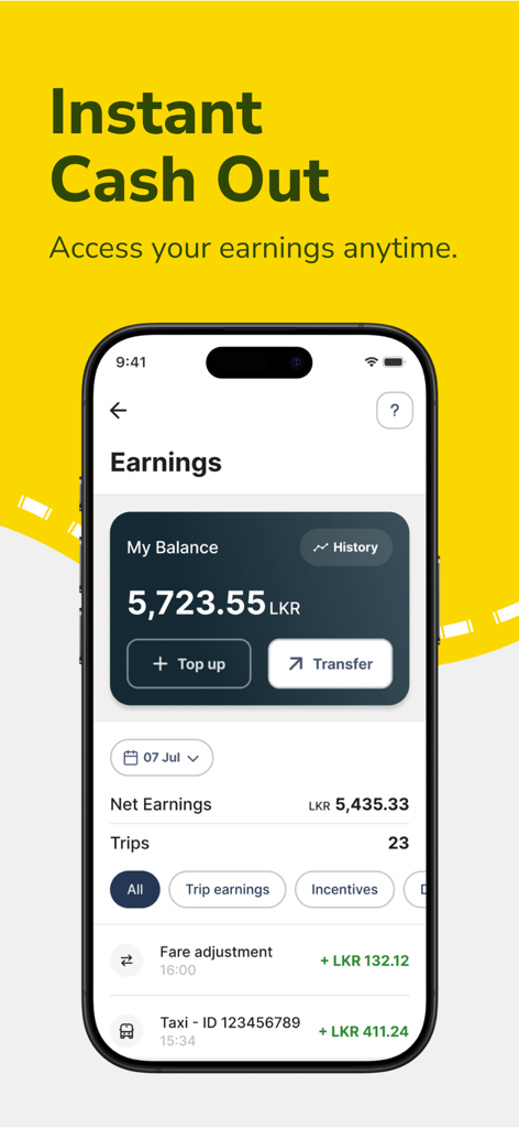 Dashboard showing instant cash out feature and earnings balance for PickMe Driver Partner.