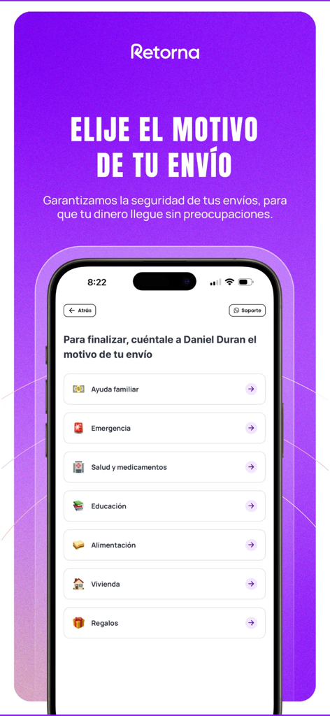Retorna: envía dinero seguro - Pantalla de la aplicación móvil Retorna para seleccionar el motivo de una transferencia internacional de dinero