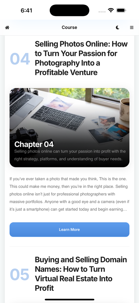 Pantalla de la aplicación móvil mostrando una lección sobre cómo vender fotos online para obtener beneficios.