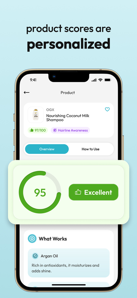 A smartphone interface from the Kera app showing a personalized hair product analysis with a high score and ingredient insights