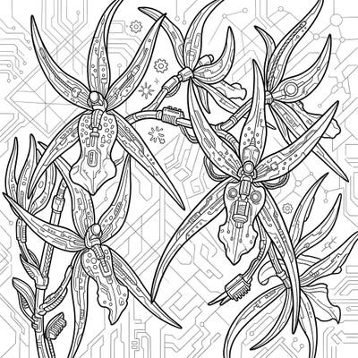 Unleash your creativity with this unique Brassia Orchids coloring page, blending delicate flora with a bold cyberpunk aesthetic. Explore a world where nature meets technology, offering an intricate and engaging coloring challenge.