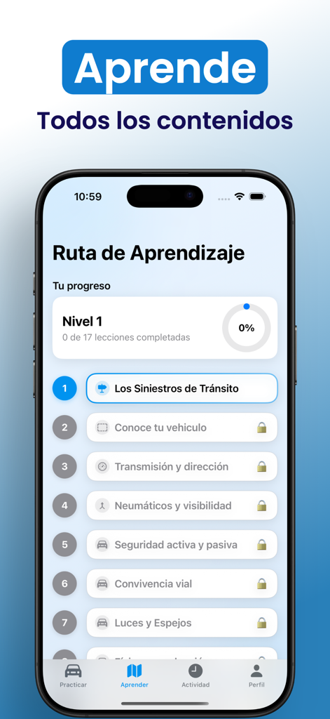 Schermata del percorso di apprendimento nell'app PractiCar che mostra i moduli di studio per l'esame di guida cileno
