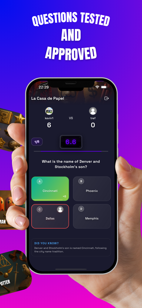 A smartphone displaying a real time trivia duel on the Quizzer app with a question explanation feature