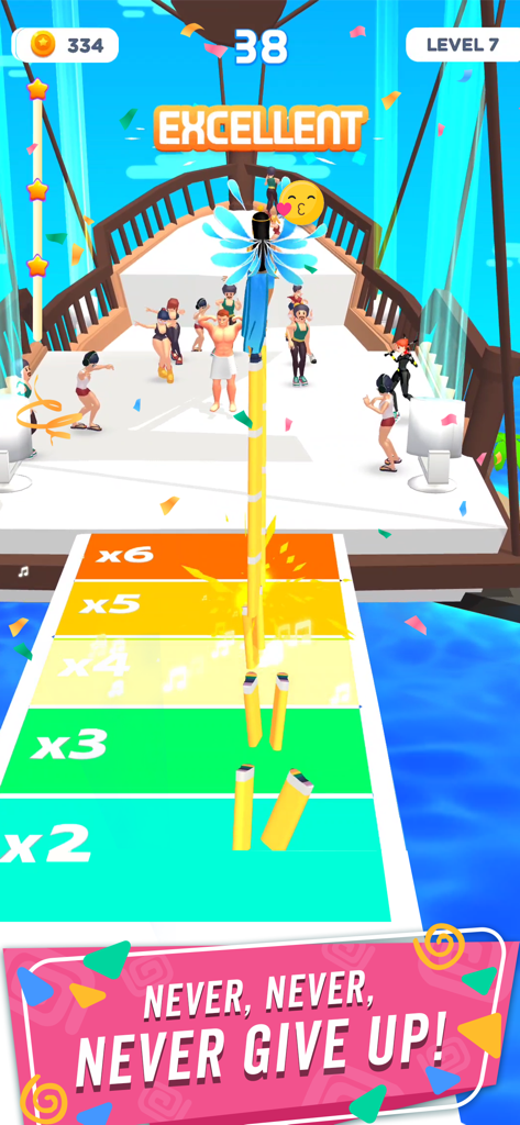 Dancing Race - A character with blue wings walking on extremely tall high heels on a colorful music runway in Dancing Race.