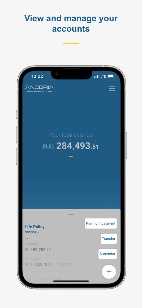 Ancoria OnLine app account summary screen with total balance and policy options