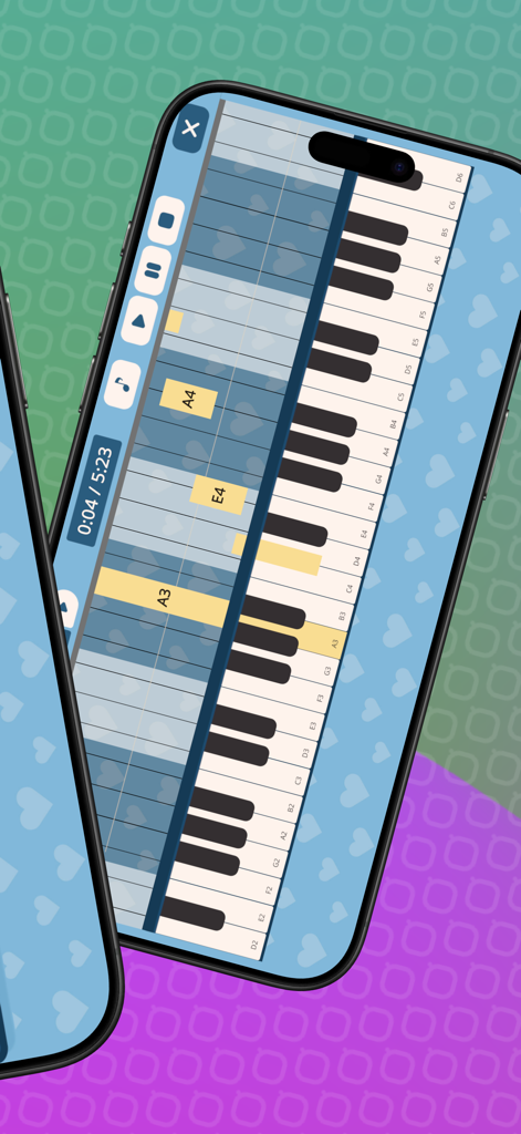 Interfaz de la aplicación Melódica Simple con un teclado virtual y un piano roll que muestra notas musicales.