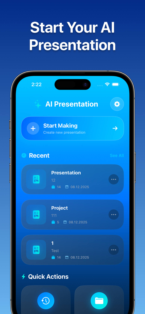 Gamma: AI Presentation Maker - Interfaz de usuario del Creador de Presentaciones Gamma AI que muestra el panel con opciones para iniciar una nueva presentación y una lista de proyectos recientes.