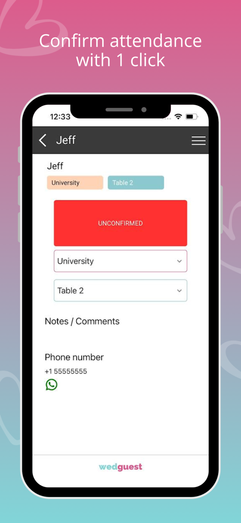 Wedding Guest List. WedGuest - Mobile screen of WedGuest app showing a guest profile with an unconfirmed attendance status button