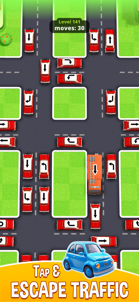 Traffic Go! Car Escape - Vista de pájaro de un nivel de puzle de tráfico atascado donde los jugadores tocan los coches rojos para moverlos por las calles.