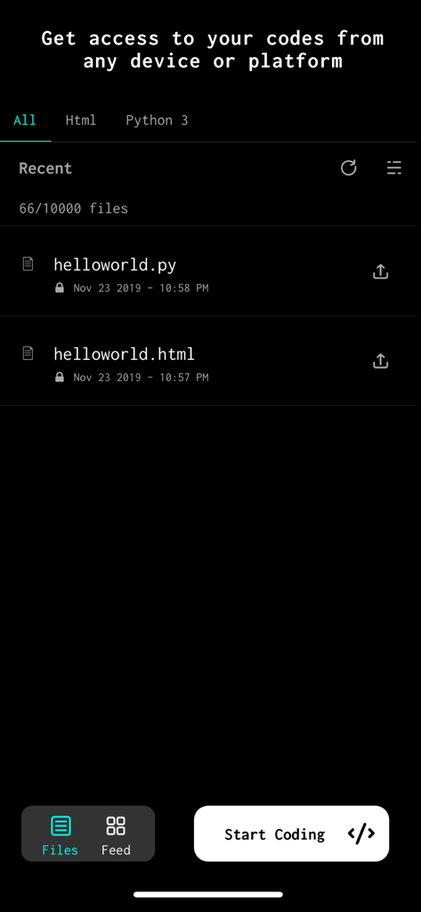 Dcoder, code compiler IDE - Dcoderコードコンパイラインターフェイスに、最近のファイルリストと「コーディングを開始」ボタンが表示されています。