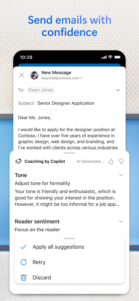 Microsoft Outlook mobile app showing AI email coaching with Copilot