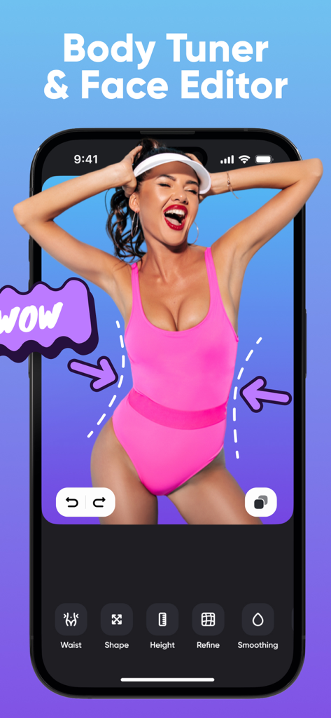 Body Editor & Face Filters - Interfaz de la aplicación Body Editor mostrando herramientas de adelgazamiento y modelado de cintura en una mujer en traje de baño