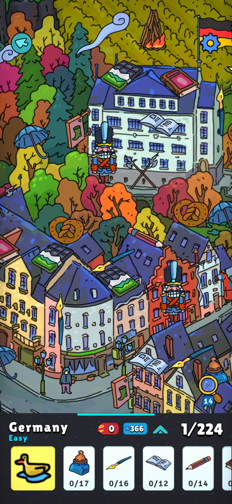 Hidden Objects - Adventure - Colorful hand-drawn hidden object gameplay scene featuring a German town with nutcrackers and pretzels