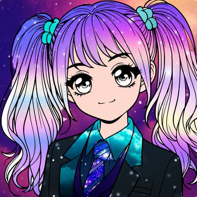 realistic girl with two ponytails and a suit on