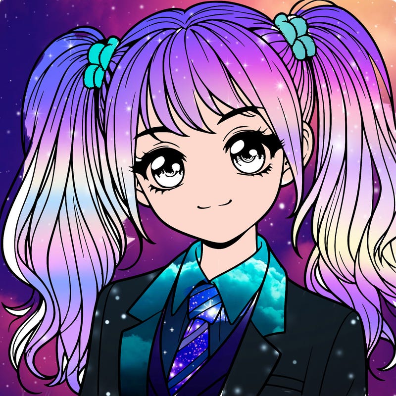 realistic girl with two ponytails and a suit on