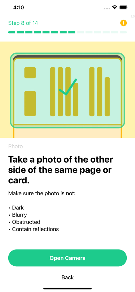 Victoria-ID - Victoria-ID mobile app screen showing instructions for taking a photo of an identity card