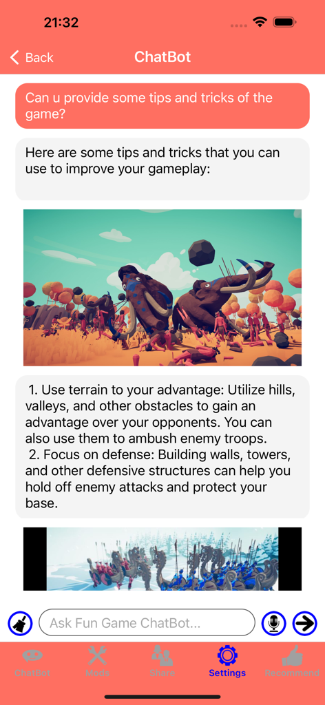 ChatBot screen providing gameplay tips and tricks for Totally Accurate Battle Simulator