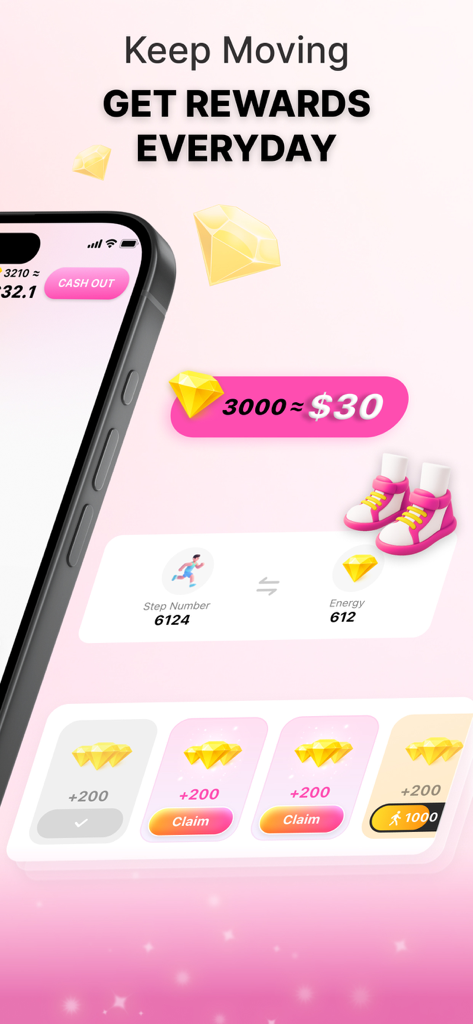 Mobile app screen showing daily rewards and step tracking for earning cash