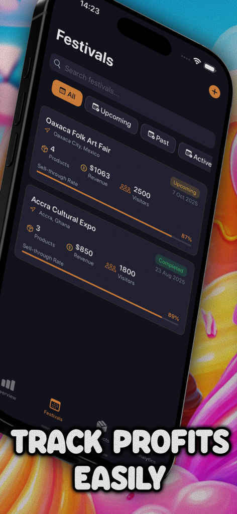 A mobile app interface showing a list of festivals with tracked revenue, visitor counts, and sell-through rates.