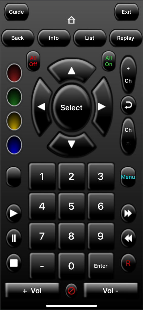 Interfaz de control remoto digital personalizable para dispositivos de cine en casa.