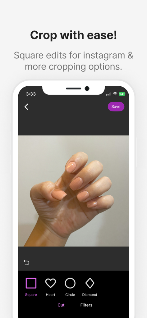 NailPick – AI for Nail Art - NailPick app cropping tool interface with a hand photo and shape options