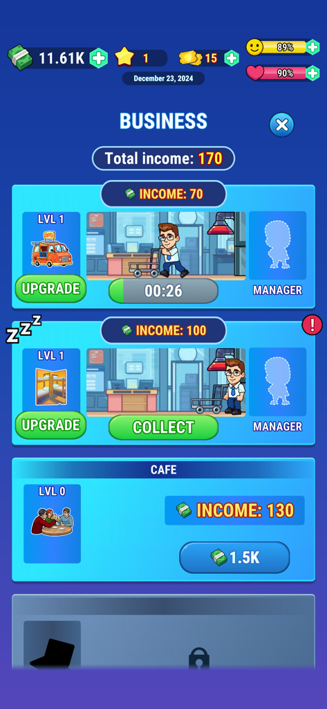 Business management menu in Cash Masters showing income collection and upgrade options for various ventures.