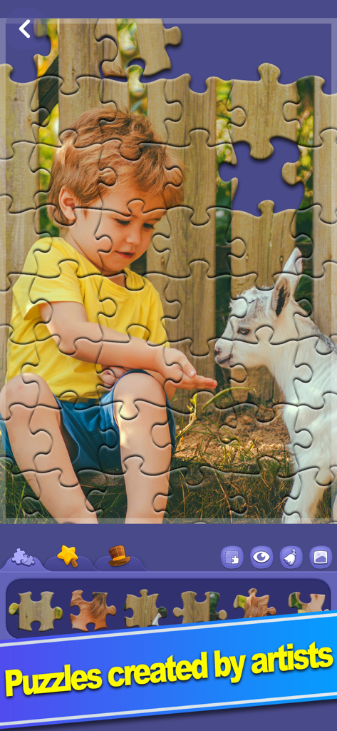 ColorPlanet® Jigsaw Puzzle - A jigsaw puzzle of a young boy and a baby goat being solved in the ColorPlanet mobile app.