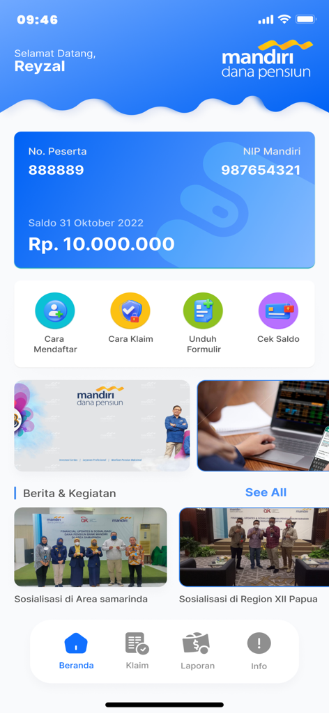 DPBM Online - Dashboard of the DPBM Online mobile app showing pension balance and account information