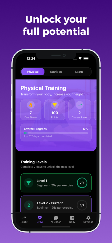 Taller - Maximize Height - Pantalla de entrenamiento físico de la aplicación Taller que muestra una racha de 7 días y niveles de ejercicio