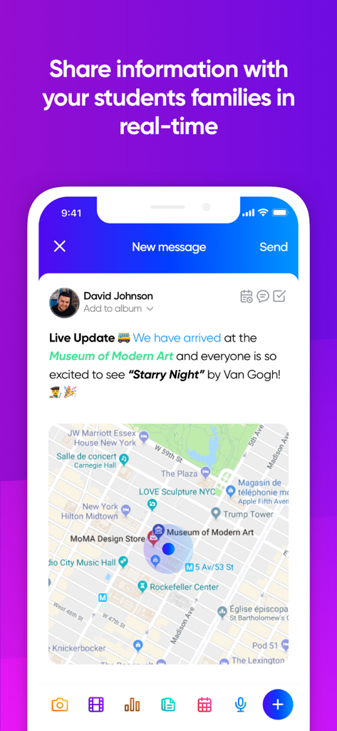 Klassly - Klassly app interface showing a live classroom update with a location map for parents