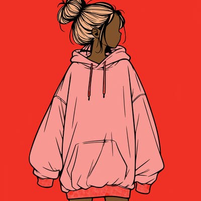 realistic girl with a oversized sweatshirt on and a bun