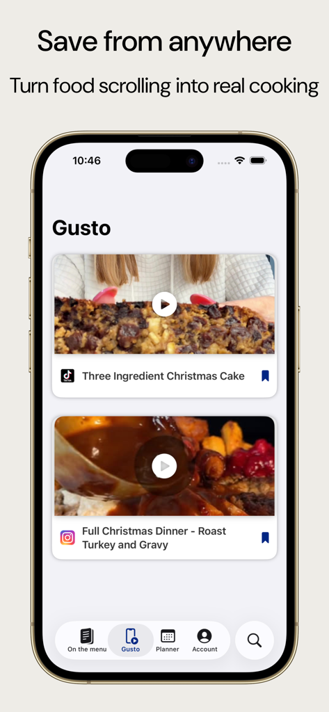 Foodix - Easy Recipes - Foodix mobile app screen showing saved recipes from TikTok and Instagram social media feeds