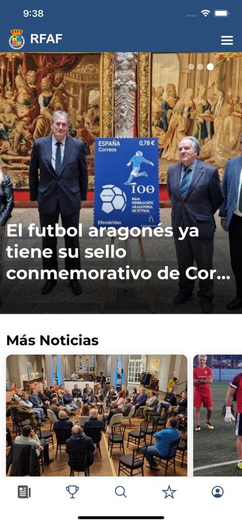 Nachrichtenbereich der FutbolAragon-App, der die neuesten Updates und eine Gedenkveranstaltung zeigt