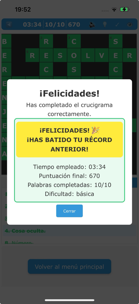 Crucigrama en Español - Pantalla de resultados de un crucigrama en español completado mostrando estadísticas de tiempo y puntuación.