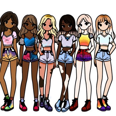 a group of girls wearing crop tops and shorts