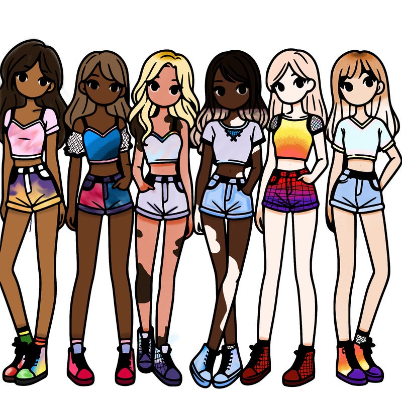 a group of girls wearing crop tops and shorts