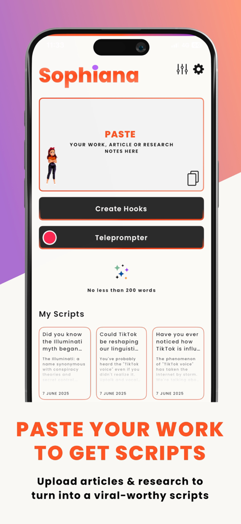 Sophiana: Script & Video Maker - Sophiana app interface showing the paste research field and script creation buttons