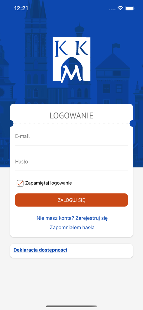 mobilna KKM - Página de inicio de sesión de la aplicación móvil mobilna KKM para el transporte público de la ciudad de Cracovia.