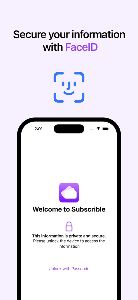 Payments Manager: Subscrible - Subscrible app welcome screen displaying FaceID biometric security for private data protection