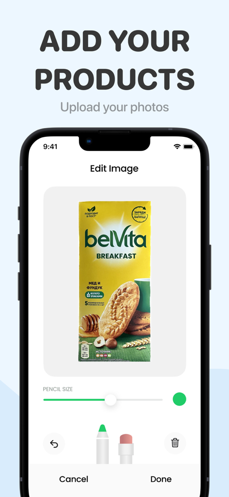 Interfaz de la aplicación ToBuy para subir y editar fotos de productos para una lista de la compra