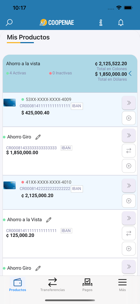 Panel de la aplicación Coopenae RL mostrando saldos de cuenta y productos financieros en español